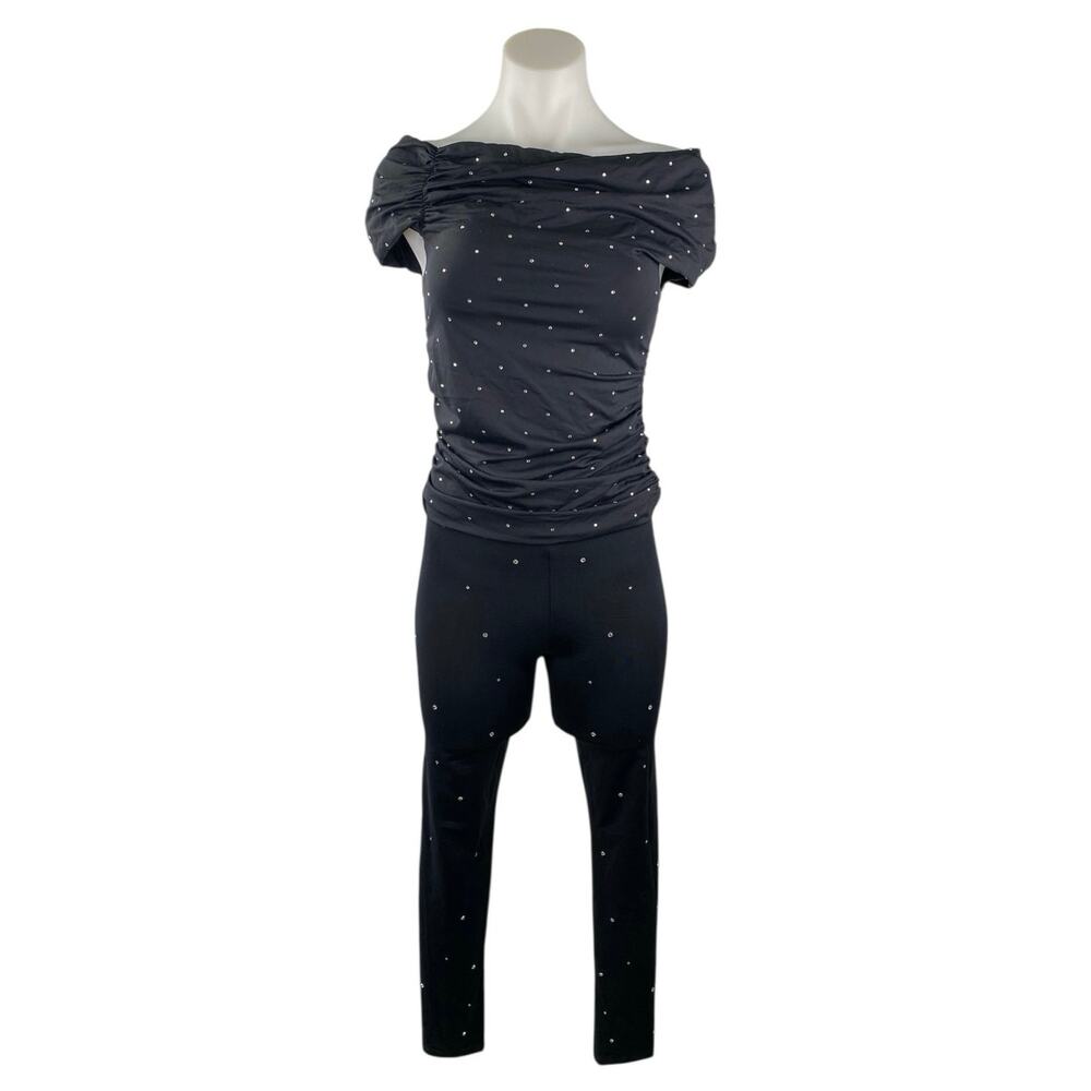 Zara Women's Black Rhinestone Off The Shoulder Top Crop Pants 2 Piece Set Size M